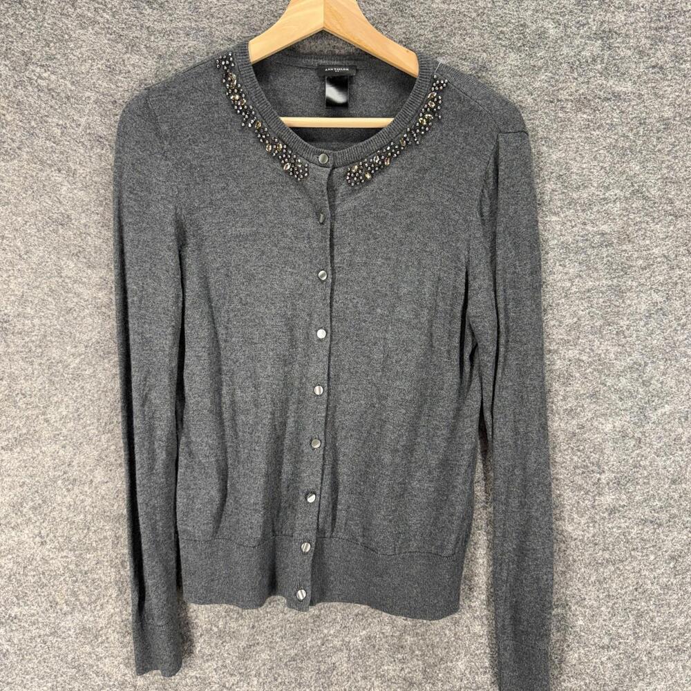 Ann Taylor Cardigan Women M Medium Gray Button Rhinestone Long Sleeve Cotton